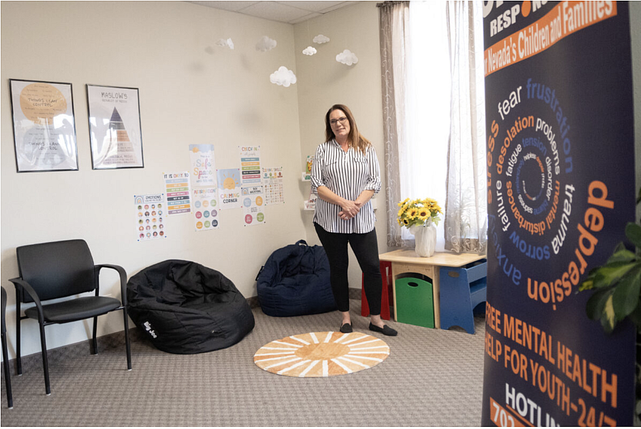 Person in a room with beanbags and posters