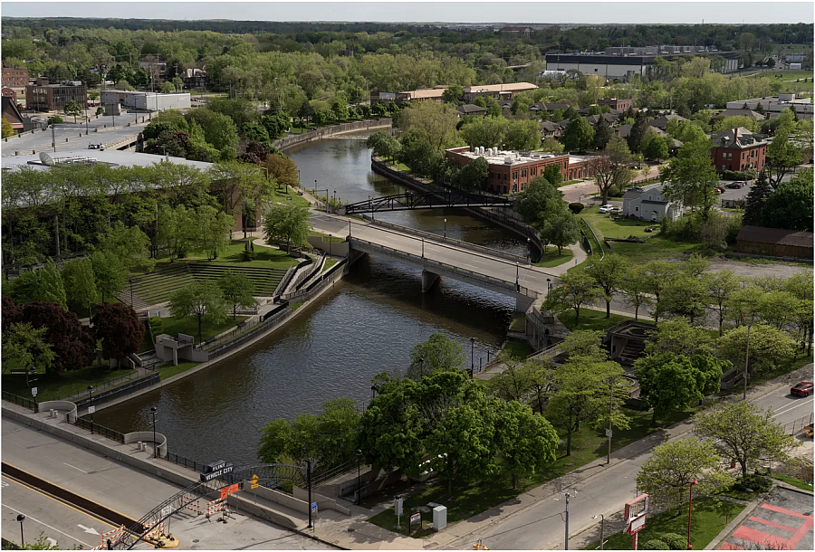 Aerial view of a river and surrounding land