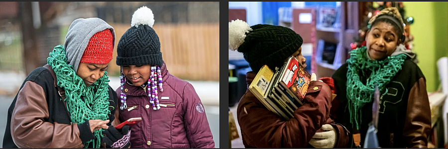 Left: A person and a child looking at a phone. Right: A child holding a pile of books, a person speaking to them