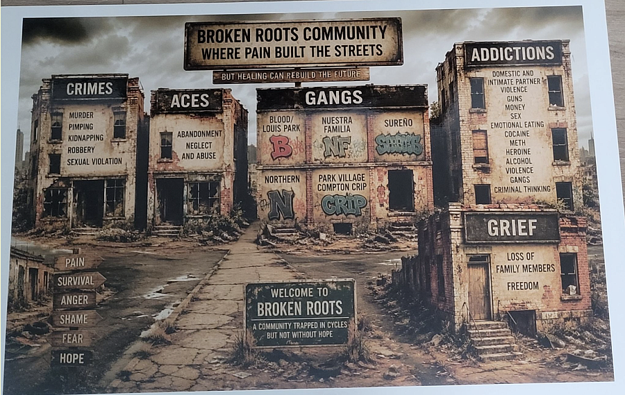 A training poster from Teresa “Tree” Moses’ SAGE curriculum depicts “Broken Roots Community,” a ruined street where different buildings name the various challenges and conditions she says often put men in prison.