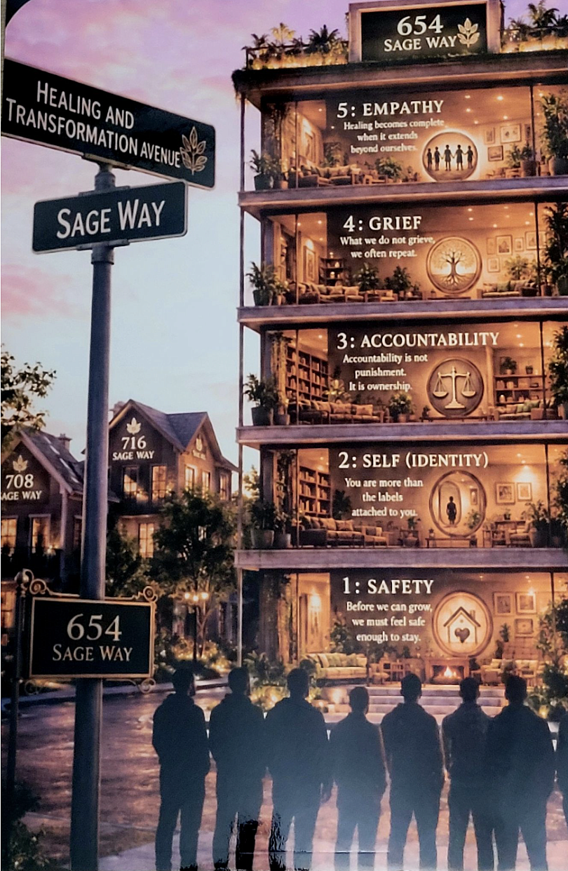 The companion poster to “Broken Roots Community” shows 654 Sage Way—a five-story building where each floor represents a stage of Teresa “Tree” Moses’ 12-week SAGE curriculum.