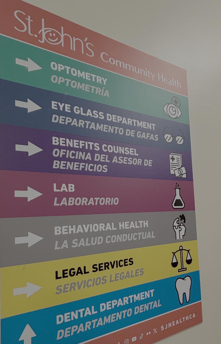 A sign shows some of the sevices offered by the safety net health system. 