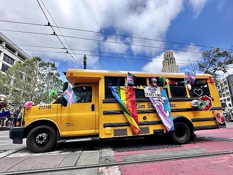 School bus with flags attached