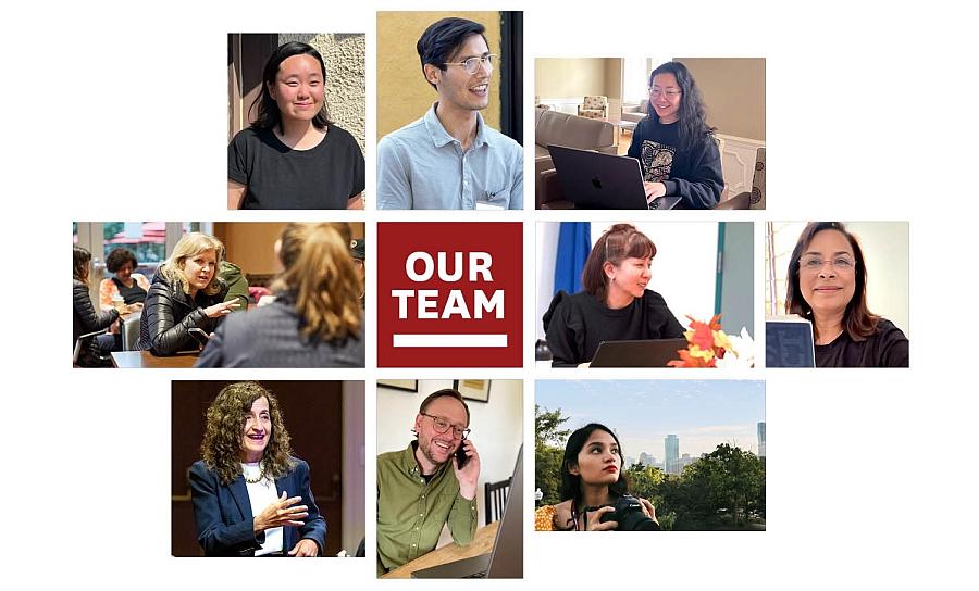 A collage image titled "Our Team," featuring photos of eight team members in various settings, with a central red square labeled "OUR TEAM." The individuals are shown engaged in work-related activities, including using laptops, conversing, and holding a camera, with diverse backgrounds and expressions.