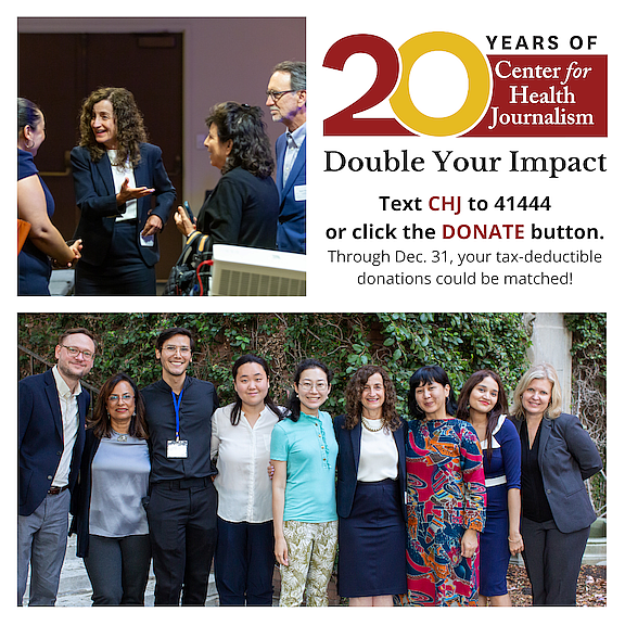 A group photo of eight people standing together, smiling in front of an ivy-covered wall. The group includes a mix of men and women of diverse backgrounds, casually dressed or in business attire. In the lower-right corner, there is a "20 Years of Center for Health Journalism" logo in red, yellow, and white. The individuals appear to be colleagues or participants celebrating the organization’s 20th anniversary.