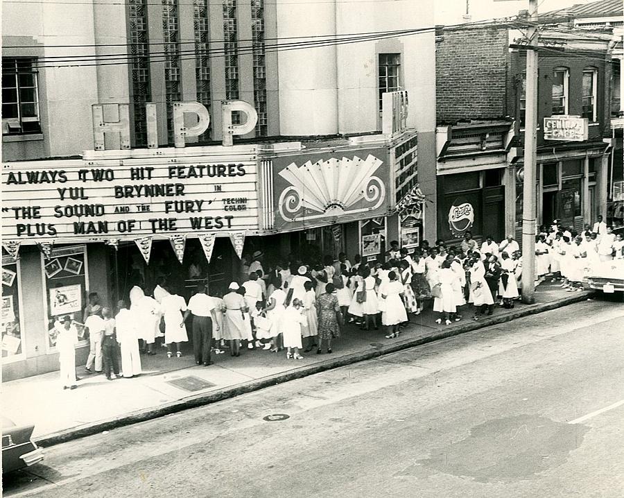 Black and white picture of a movie theatre