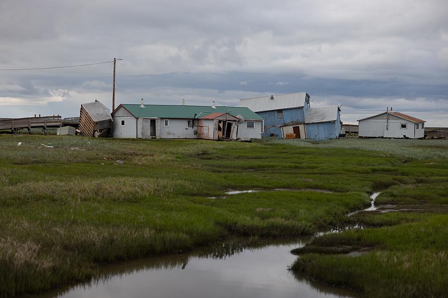 Buildings shorn off their foundations in Kwigillingok, Alaska