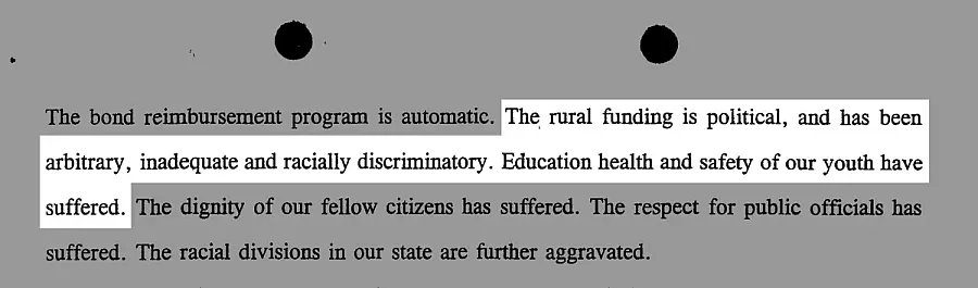 Highlighted text criticizes Alaska’s rural school funding as arbitrary, inadequate, and racially discriminatory, harming youth education, health, and safety.