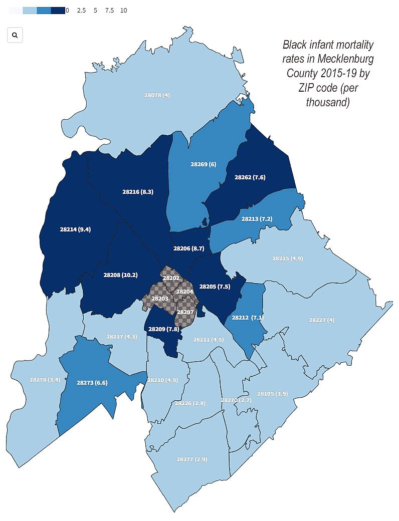 Geospatial graph showing black infant morality rate in Mecklenburg County from 2015 to 2019.