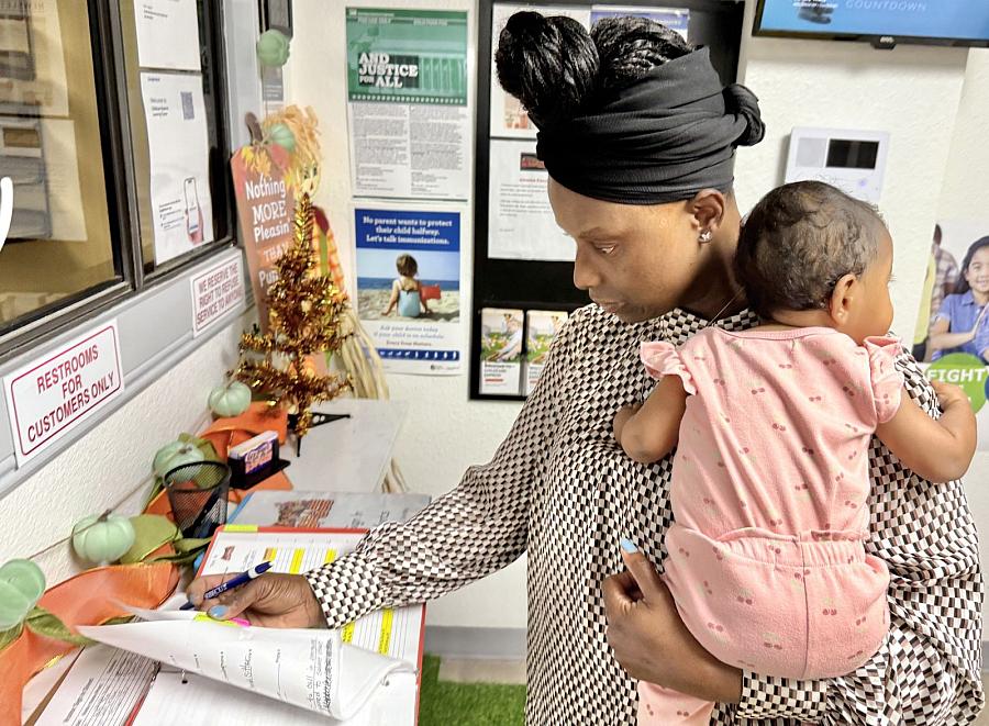 A person holding a child