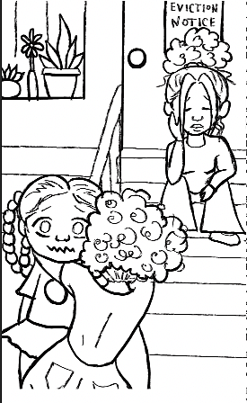 Coloring book image 2. Daughter playing with doll and mother is sitting besides wall, stressed