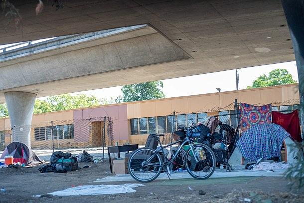 A homeless encampment on Street behind the old Sacramento Observer Office.