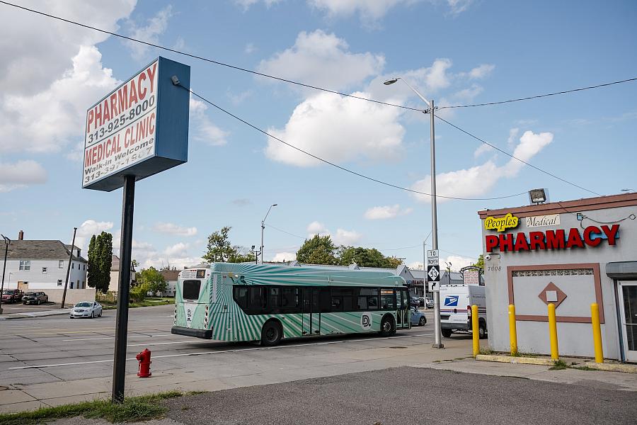 A bus near a building