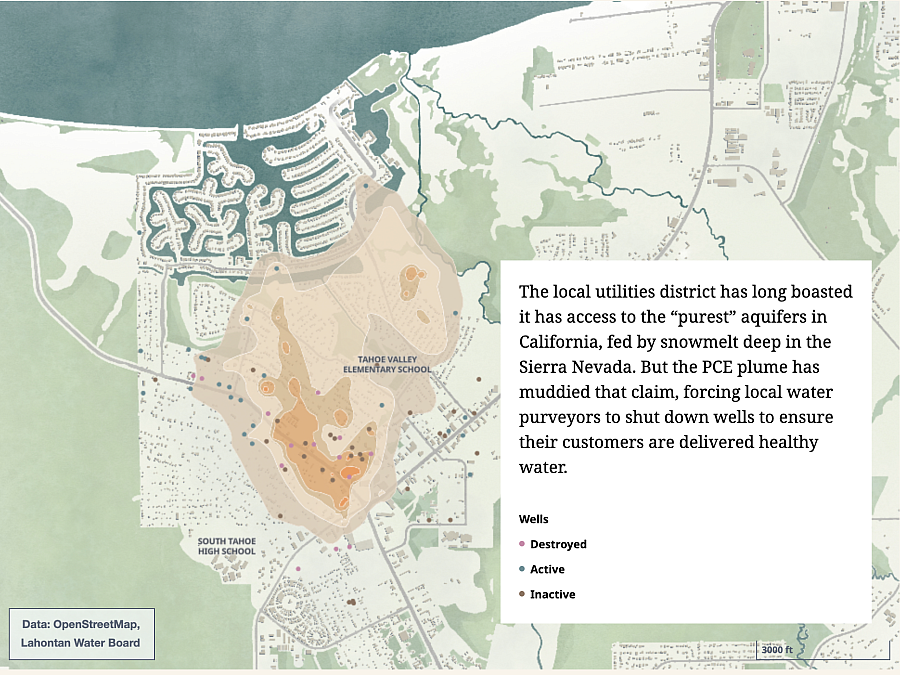 A map of Lake Tahoe Shore with orange dots representing destroyed wells, green dots representing active wells and red dots representing inactive wells