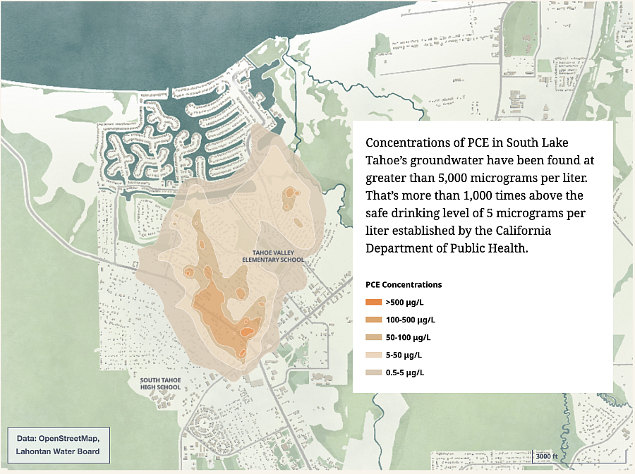 Map of the Lake Tahoe Shore showing PCE concentrations at various places