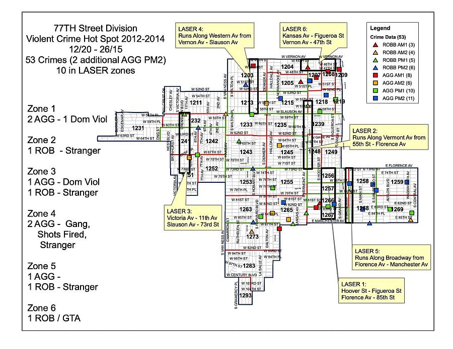 Mapa de la División 77th Street del LAPD que identifica seis zonas LÁSER en Los Ángeles.