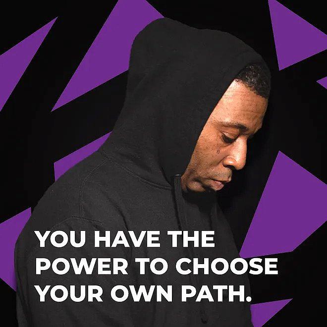 Image of a person wearing a black hoodie and image text "You have the power to choose your own path"