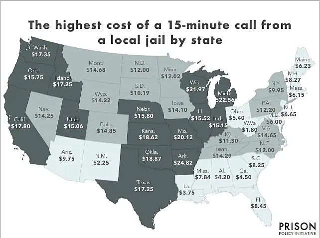 Map of the United States showing cost of 15 minute call from a local jail by states