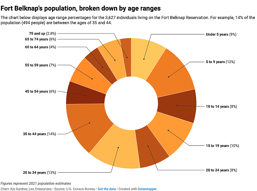 Image of a pie chart showing percentage of age groups in Fort Belknap's population