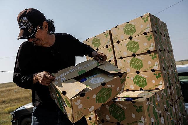 Image of a person unloading boxes of produce