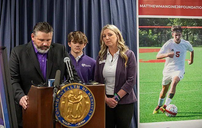 Left photo, Man, his son and wife speaking in a conference. Right, son playing football.