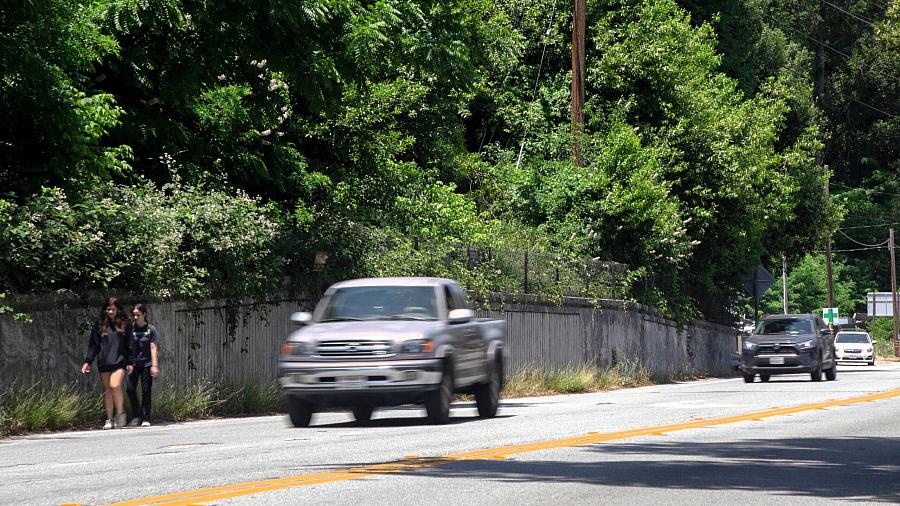 Car driving on a road against a wall with trees behind it
