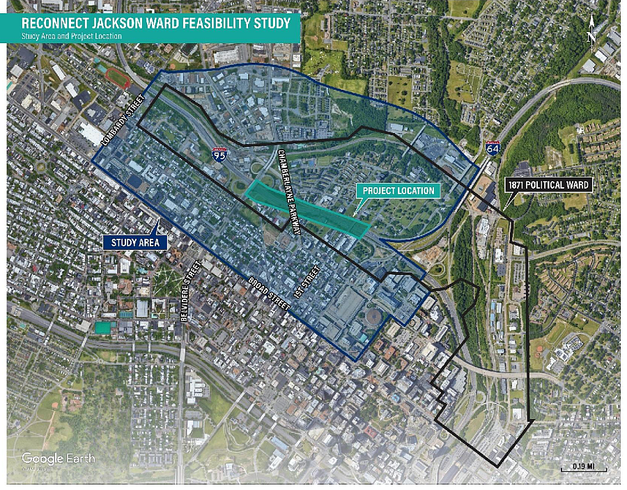 Satellite image of the Project Area in Jackson Ward with the Study Area to the left and 1871 Political Ward on the right.