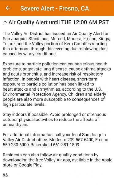 “Severe Alert” in Fresno on November 25, 2019. Credit: Lauren J. Young