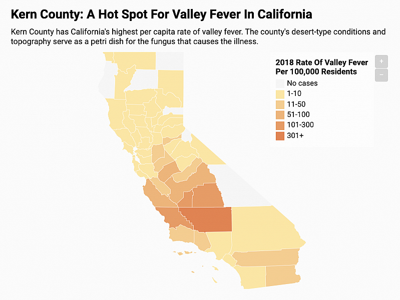 The California Department of Public Health releases a provisional monthly report on valley fever. This analysis is based on the January - November 2019 report that includes the number of confirmed, suspected, and probable cases of valley fever by county.  Credit: Harriet Blair Rowan/California Healthline Source: California Department of Public Health 