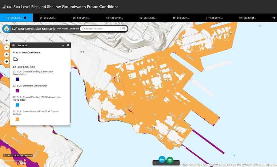 A map of the contaminated parcels at the Shipyard compared with a projected 12” sea-level rise scenario reveals how close contaminated groundwater may come to the surface.