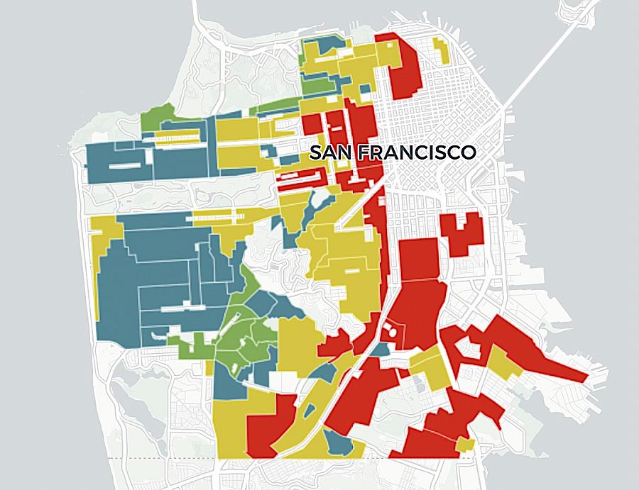A map from the Anti-Eviction Mapping Project shows redlining in San Francisco.