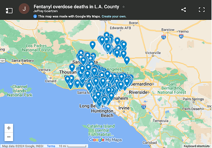 Image of Los Angeles Map showing overdose deaths in LA county