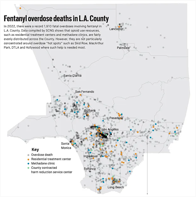 Image of map of LA county showing overdose deaths
