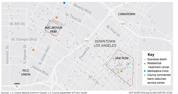 Image of McArthur Park and Skid Row on LA map