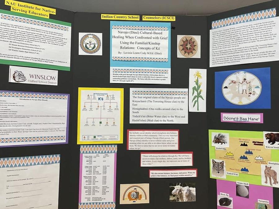 School project board displays information about Navajo cultural healing, clans, and kinship.