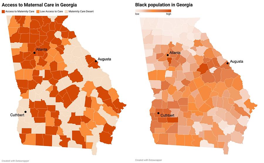 Georgia’s maternity care deserts are mostly congregated in the state’s Black Belt, the largely rural, southern counties with high concentrations of Black residents. Source: March of Dimes (left) and the U.S. Census Bureau (right)