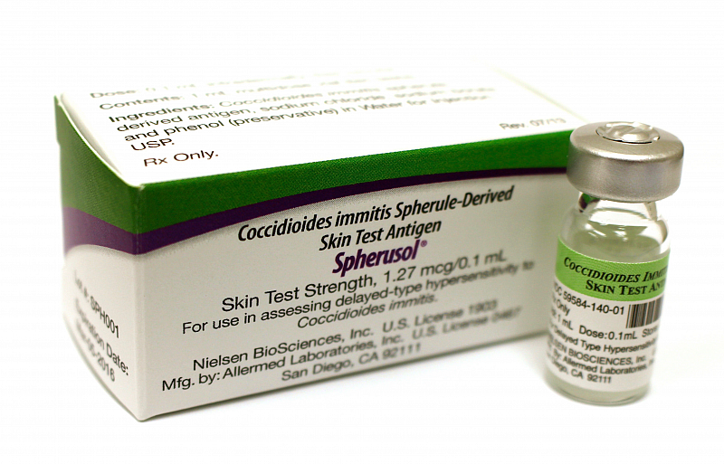 Spherusol comes in vials of 10 doses. A positive result indicates a previous bout with valley fever and an acquired immunity to the disease. (Image: Nielsen Biosciences)