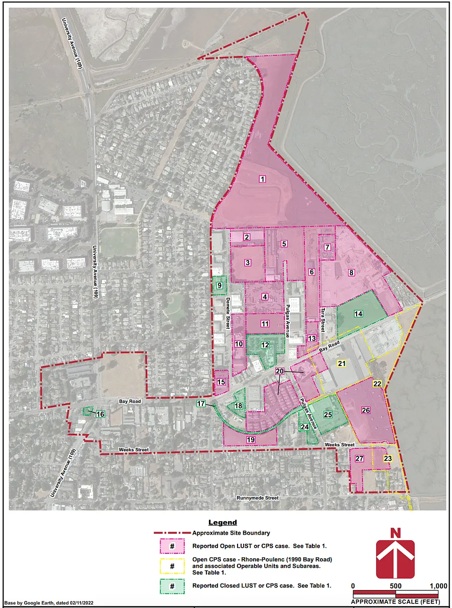 Map showing contamination sites in East Palo Alto with boundaries.