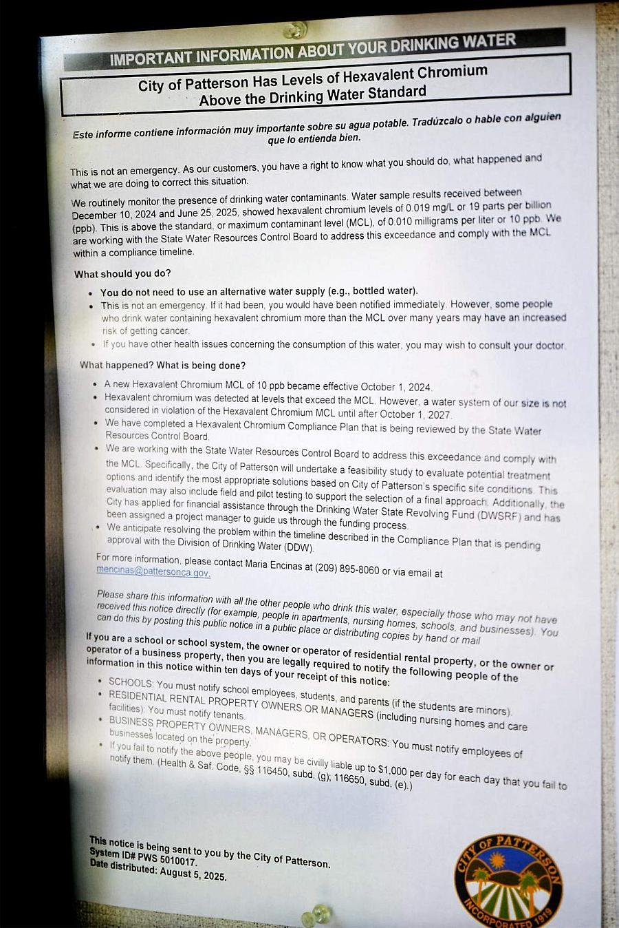 Water contamination notice — Posted city notice explaining Patterson’s hexavalent chromium levels in drinking water.