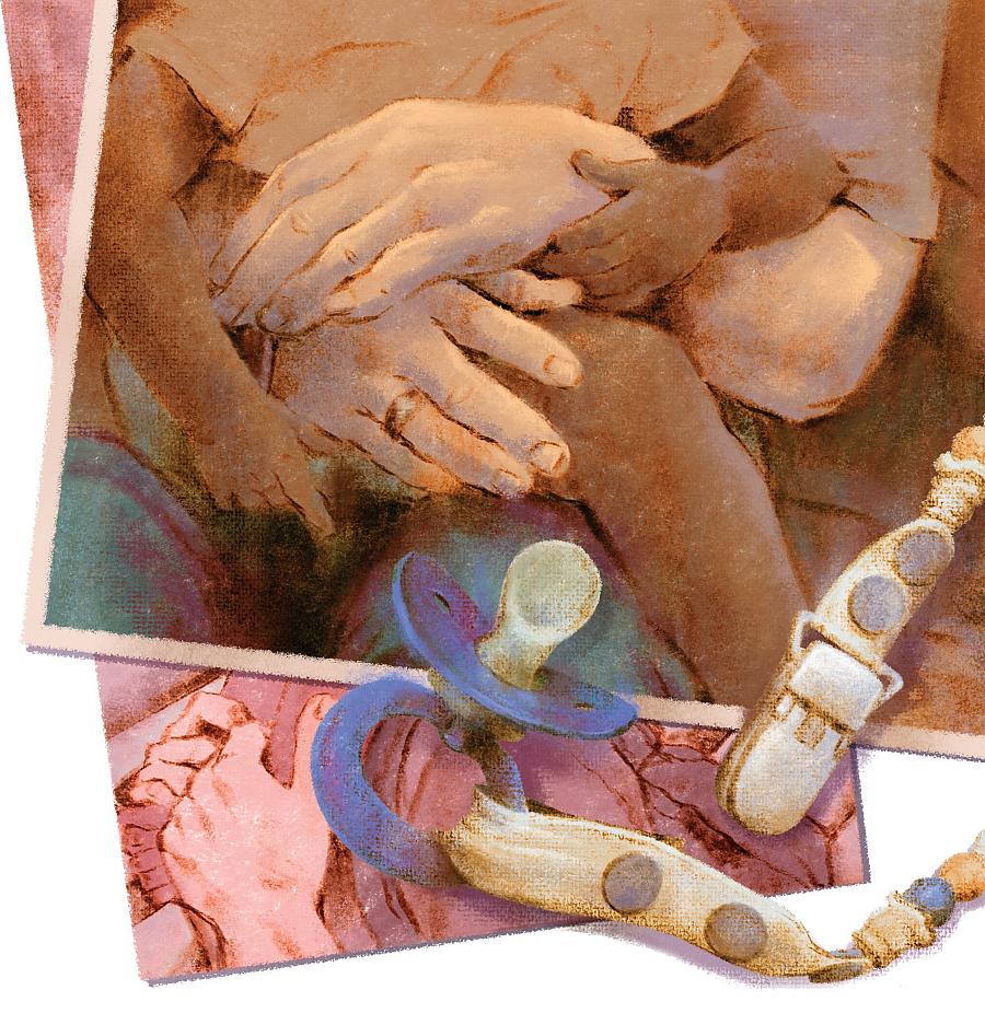 A painting wherein a person holds a child in their arms