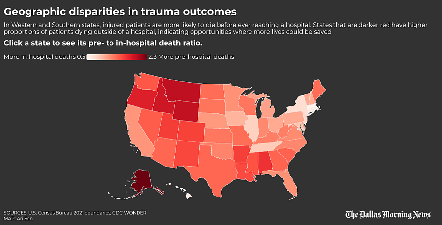 Map of the U.S. showing geographic disparities in trauma outcome