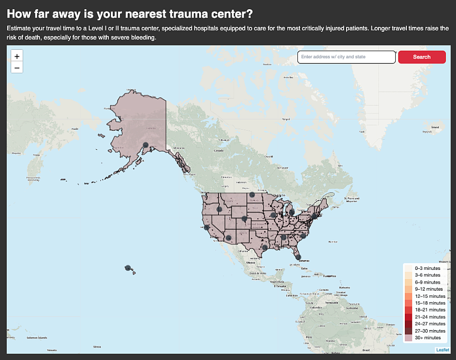 Map of US showing the nearest trauma center