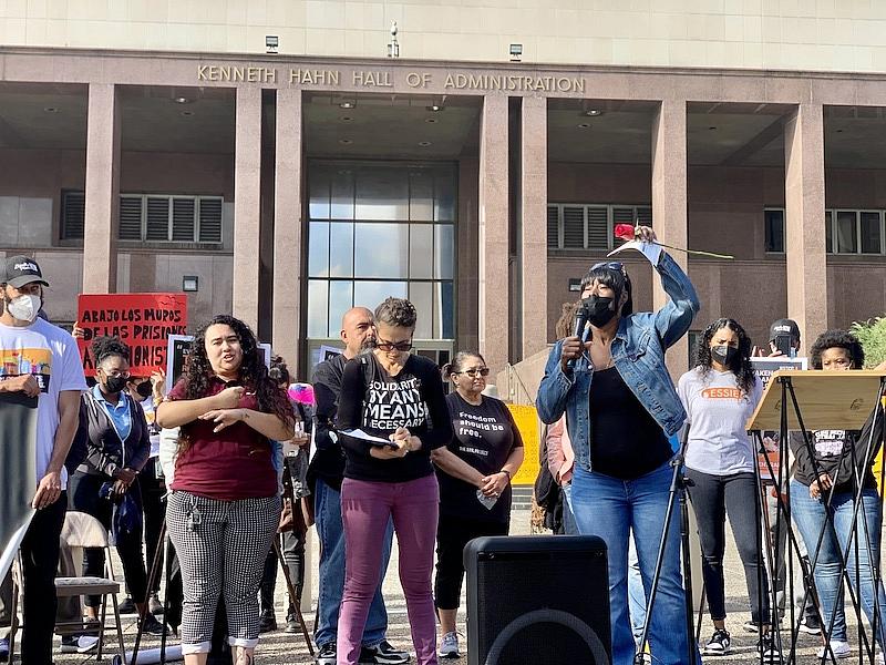 People protesting in front of Hall of justice