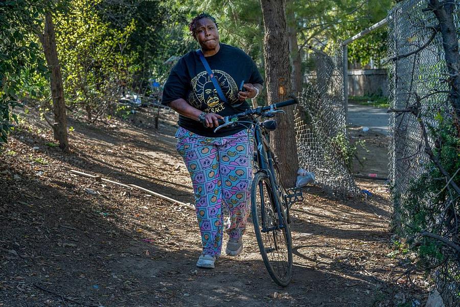 Woman walks a bicycle through a wooded pathway near a fenced area.