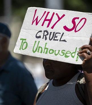 A person with a banner held up