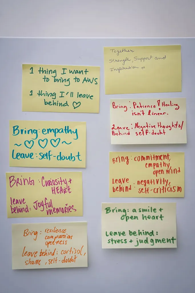Reflections from a meeting are displayed at Asian Women’s Shelter office space in San Francisco.