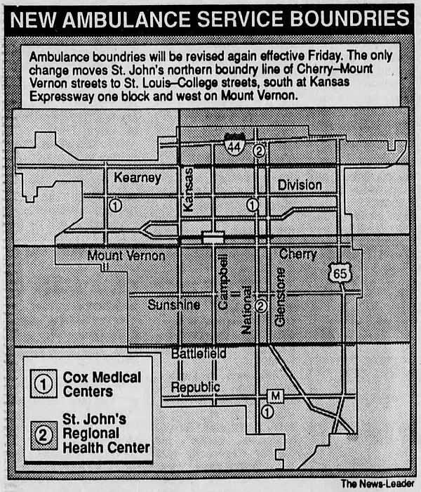 This graphic from the March 14, 1991 edition of The Springfield News-Leader shows how St. John's EMS and CoxHealth EMS divided up calls in Springfield.