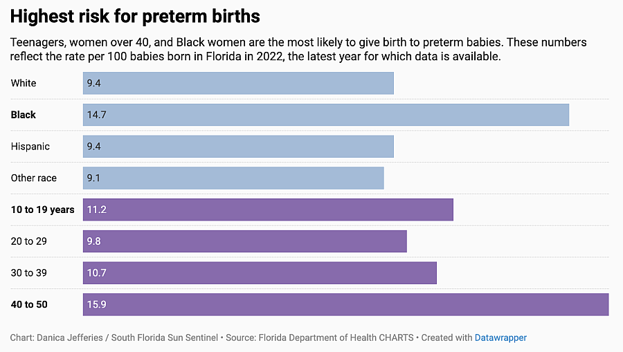 Horizontal Bar Graph showing the risk of preterm births by ethnicity