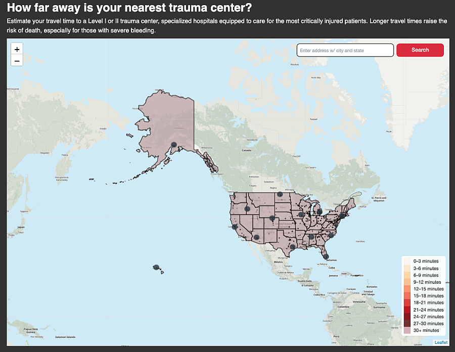 Map of USA showing trauma centers in the U.S