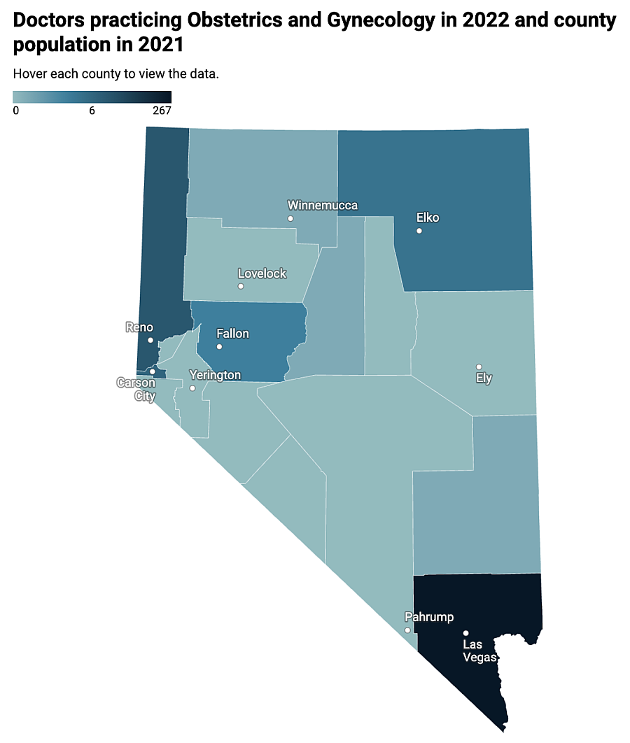 Map of Nevada showing doctors practicing Obstetrics and Gynecology and population